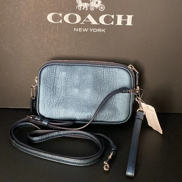 Coach Crossbody Metallic Blue Studded Rivets Star NASA Wristlet Bag Purse Wallet - Picture 6 of 15